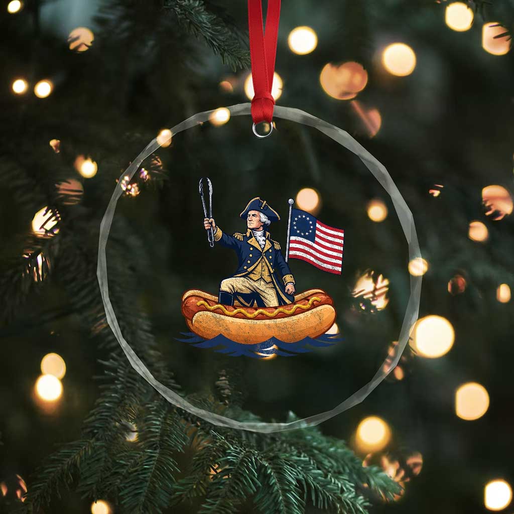 George Washington Crossing The Delaware on Hot Dog Boat Crystal Glass Ornament Funny BBQ Party 4th of July Graphic