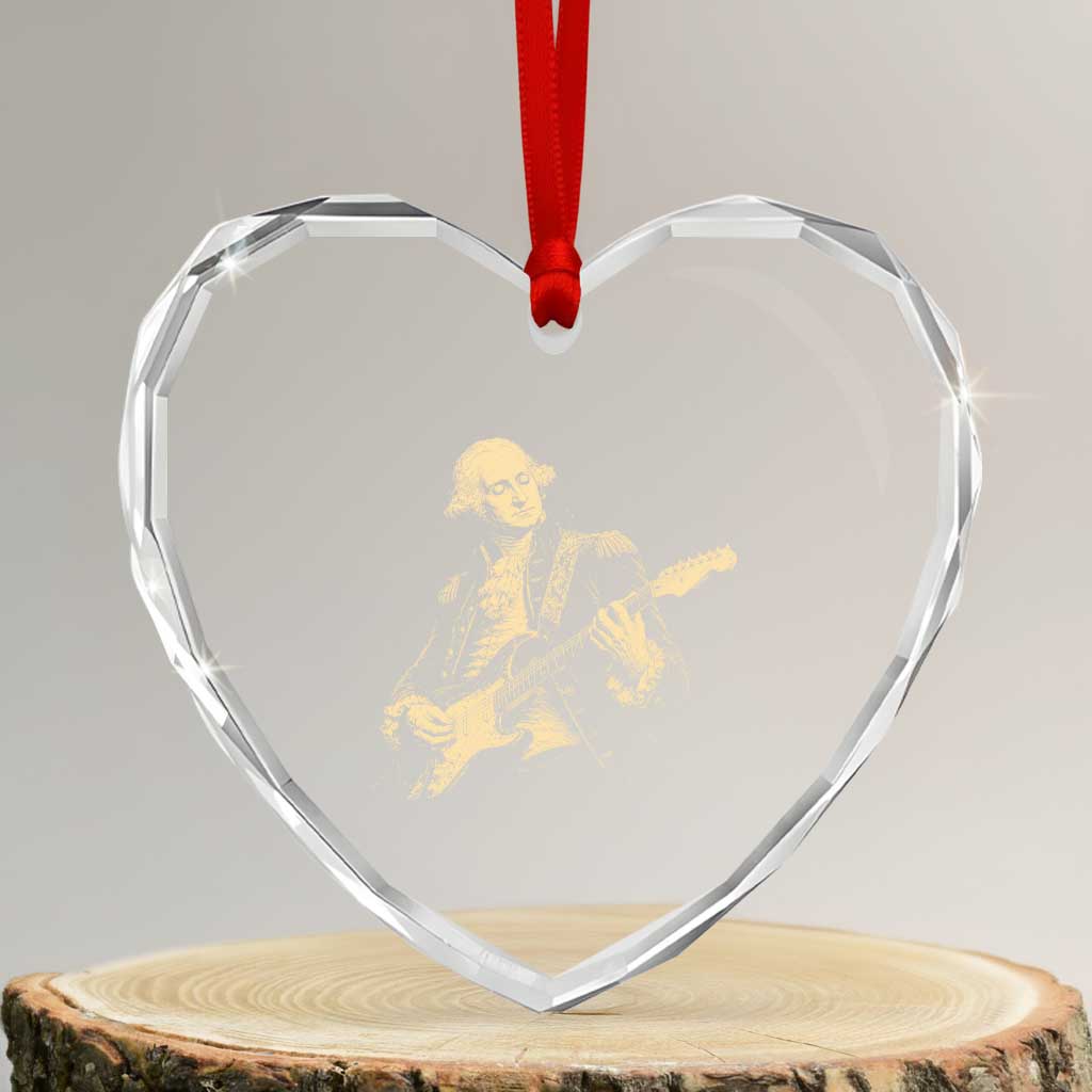 George Washington Rock Star Vintage Portrait Heart Crystal Glass Ornament Funny Electric Guitar Player Founding Father Retro Aesthetic Patriotic Graphic