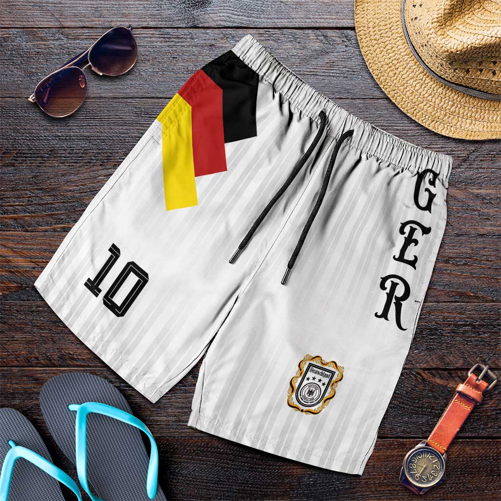German Football Personalised Shorts for Men Retro Geometric Flag Stripe Heritage Shield Design
