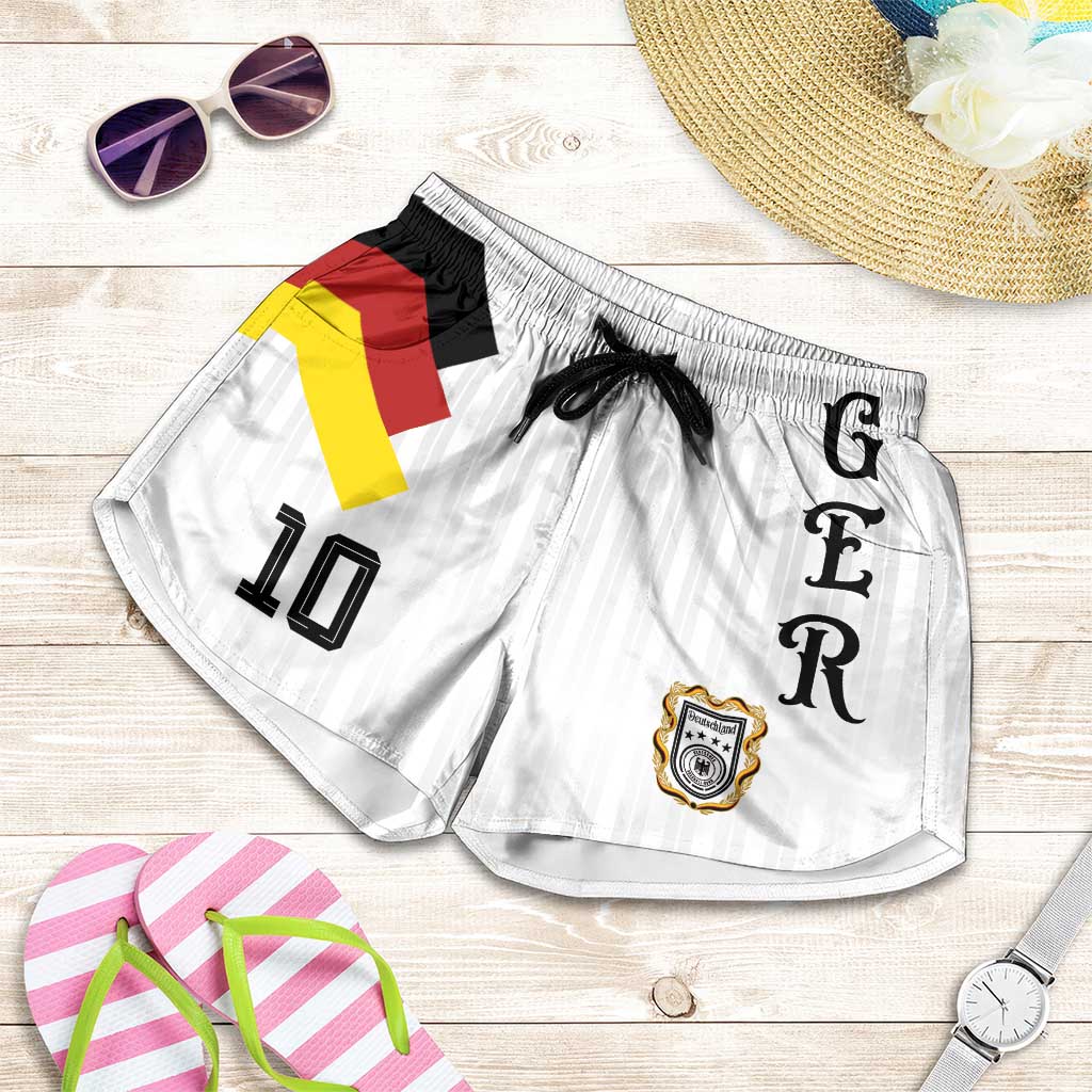 German Football Personalised Shorts for Women Retro Geometric Flag Stripe Heritage Shield Design