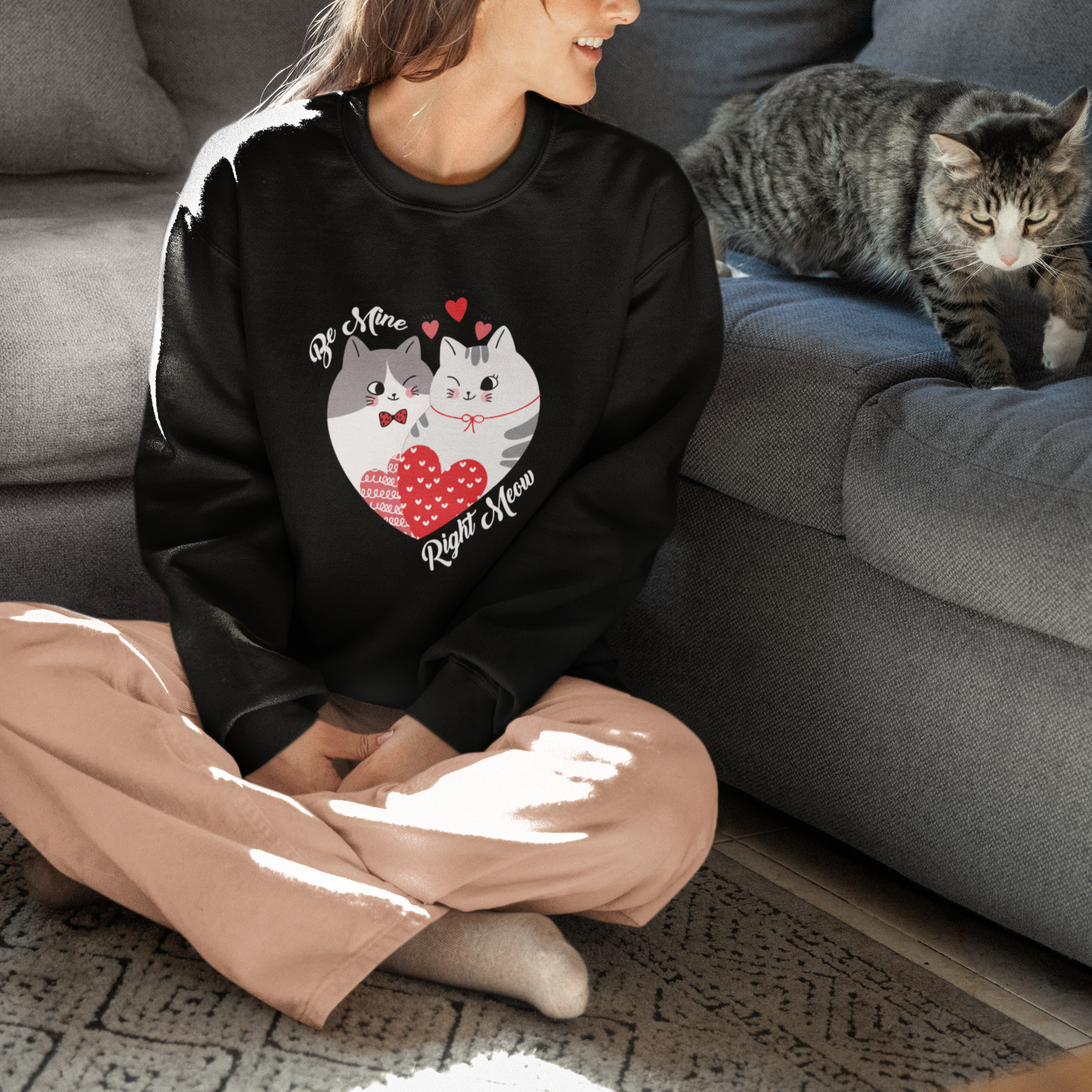 Valentine's Day Sweatshirt Be Mine Right Meow Funny Cat Lover - Wonder Print Shop