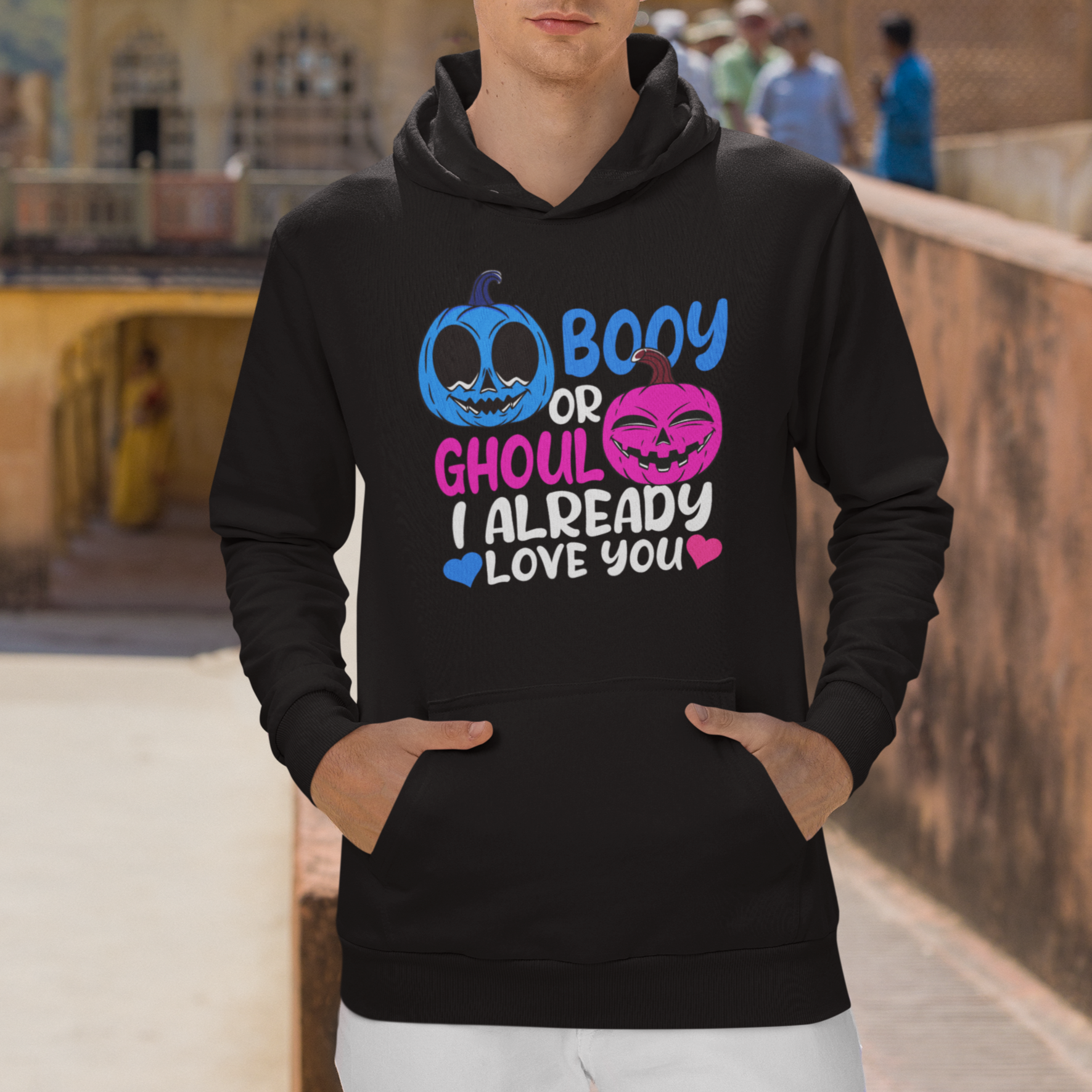 Halloween Gender Reveal Hoodie Boy Or Girl I Already Love You Blue Or Pink Cute Pumpkin Baby Shower - Wonder Print Shop