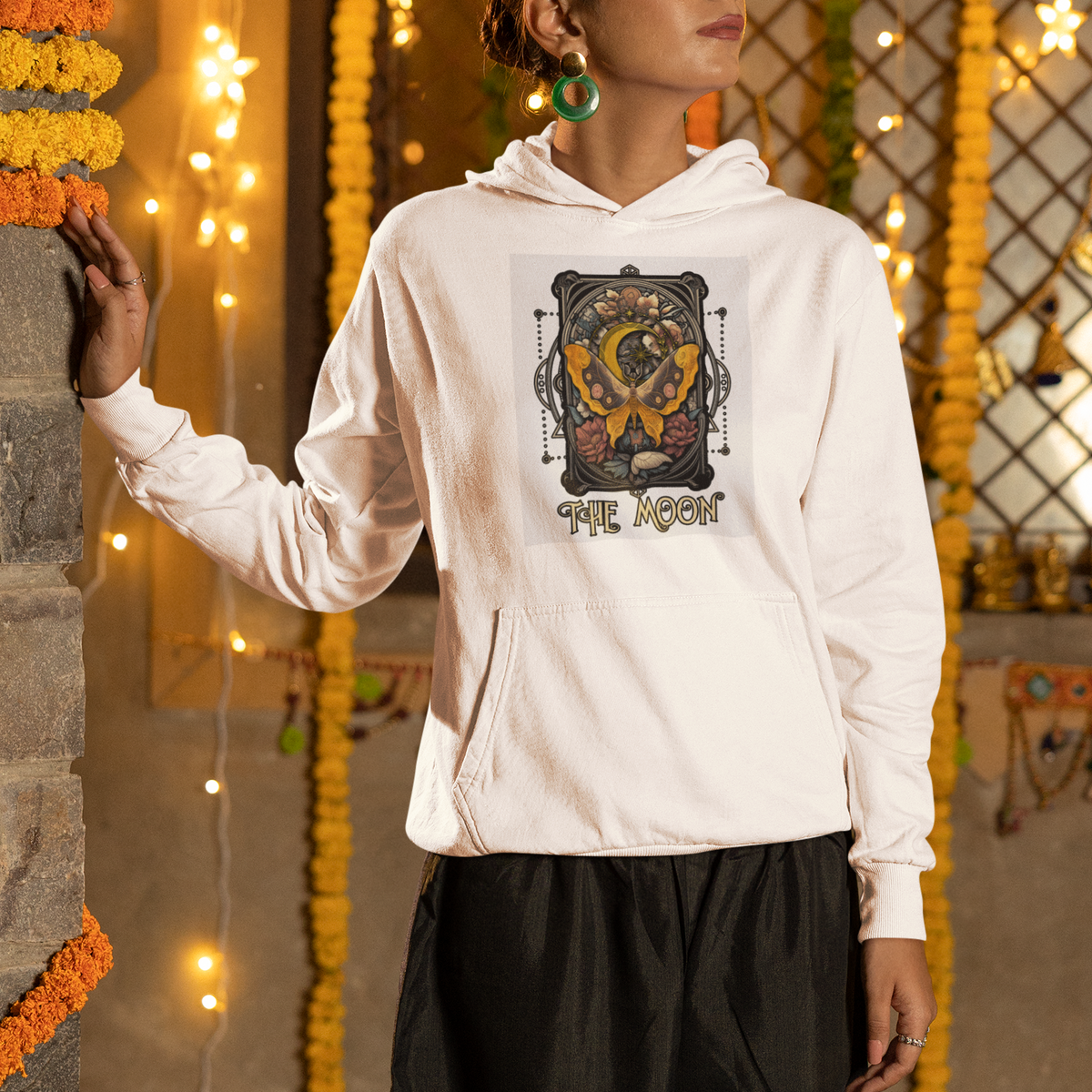 Celestial Floral Luna Moth Tarot Card The Moon Hoodie - Wonder Print Shop