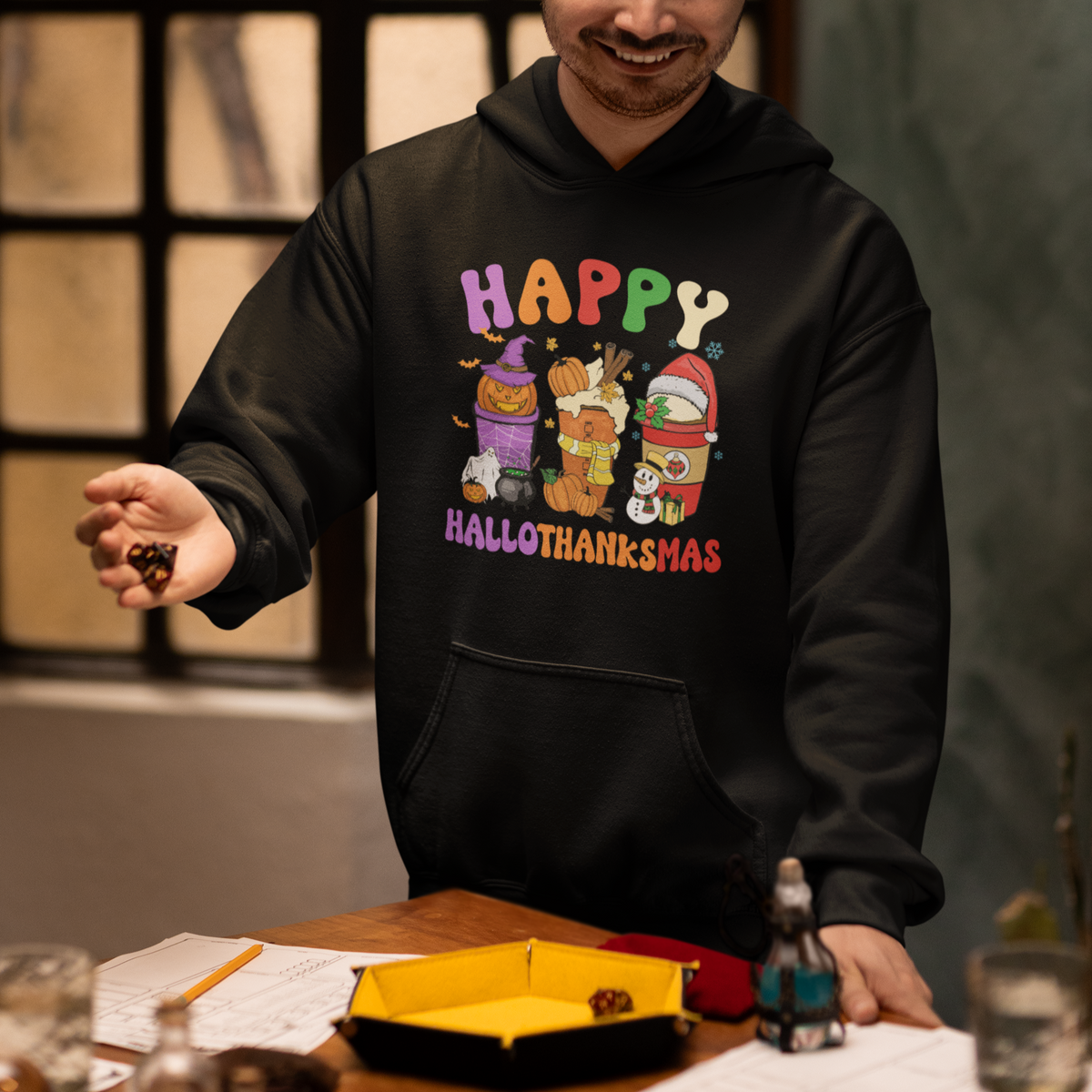 Hallothanksmas Hoodie Halloween Thanksgiving Christmas Happy HalloThanksMas Latte - Wonder Print Shop