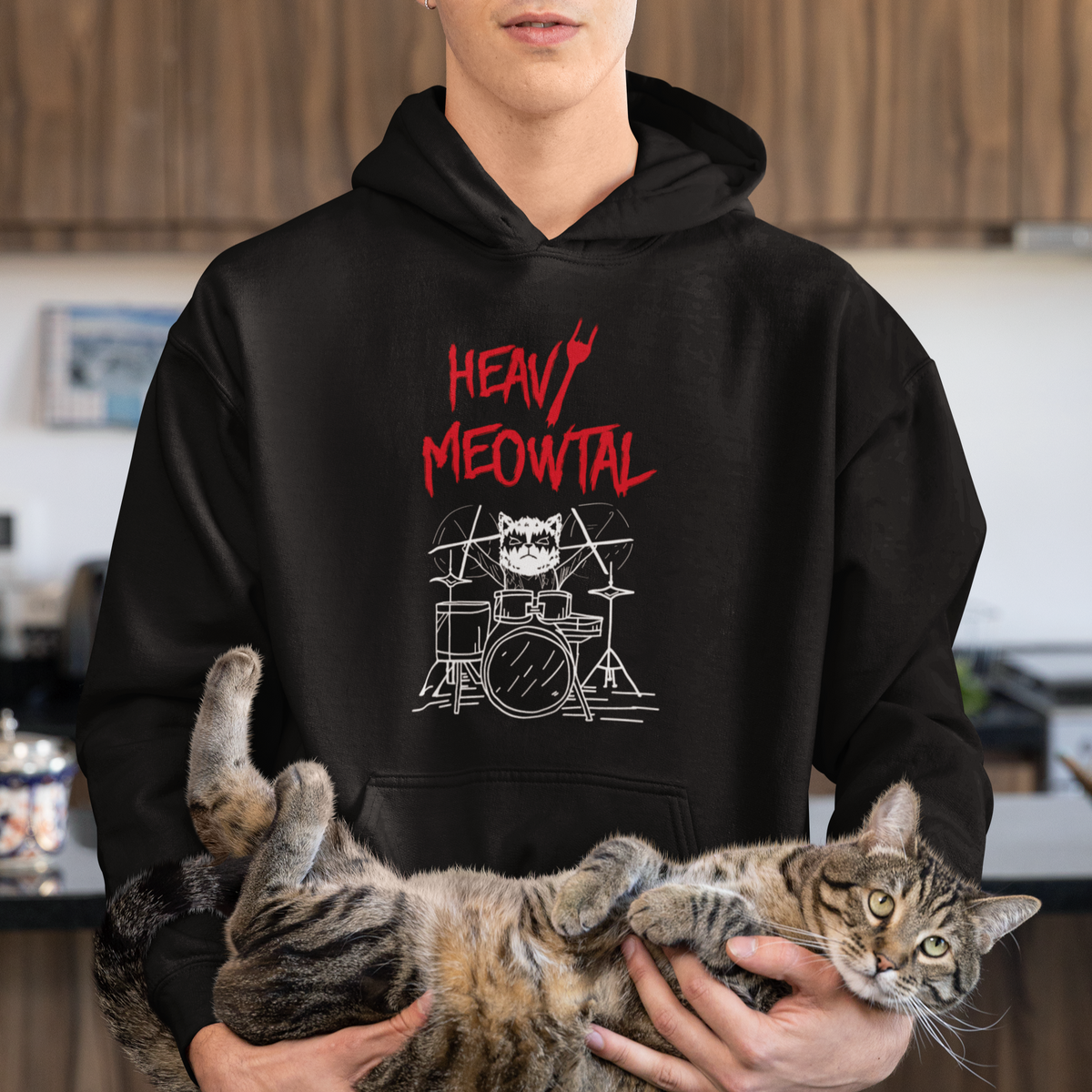 Heavy Metal Hoodie Cat Drummer Meowtal Rock Drum Band - Wonder Print Shop