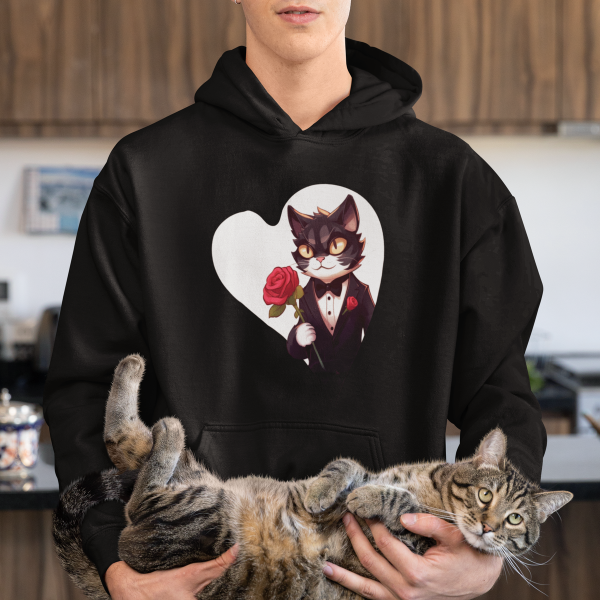 Valentine's Day Hoodie Tuxedo Cat Valentine Heart for Kitten and Animal Lovers - Wonder Print Shop