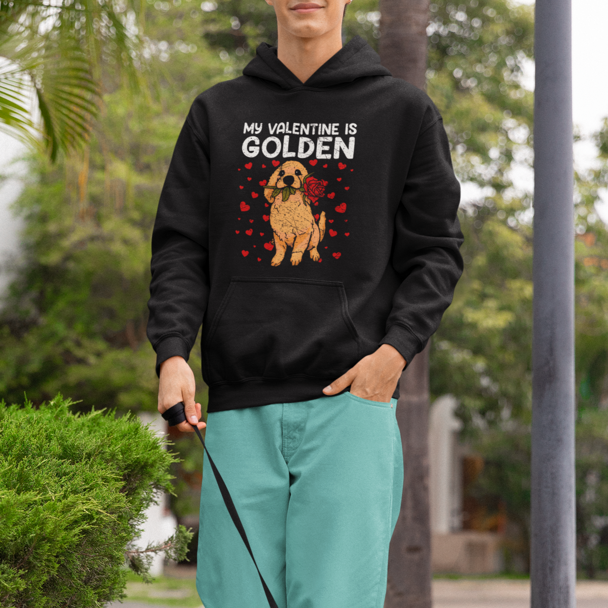 Valentine's Day Hoodie My Valentine Is Golden Retriever Cute Pet Dog Rose - Wonder Print Shop