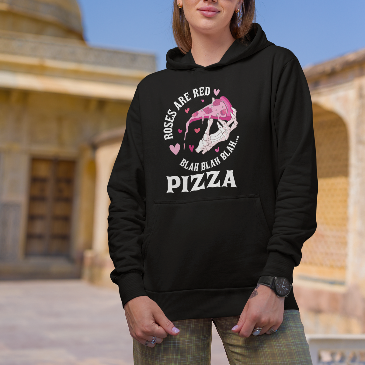 Valentine's Day Hoodie Roses Are Red Blah Skeleton Pizza Funny Food Lover - Wonder Print Shop