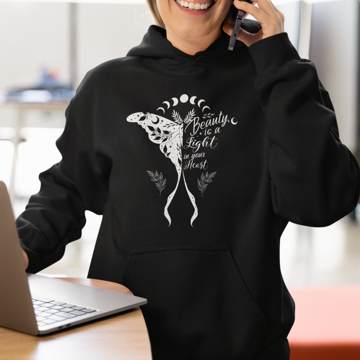 Moth Hoodie Floral Moth Beauty Is A Light In Your Heart Luna Moth Black and White Cottagecore Inspirational Shirt for Women, Moth T-shirt, Spirituality Shirt - Wonder Print Shop