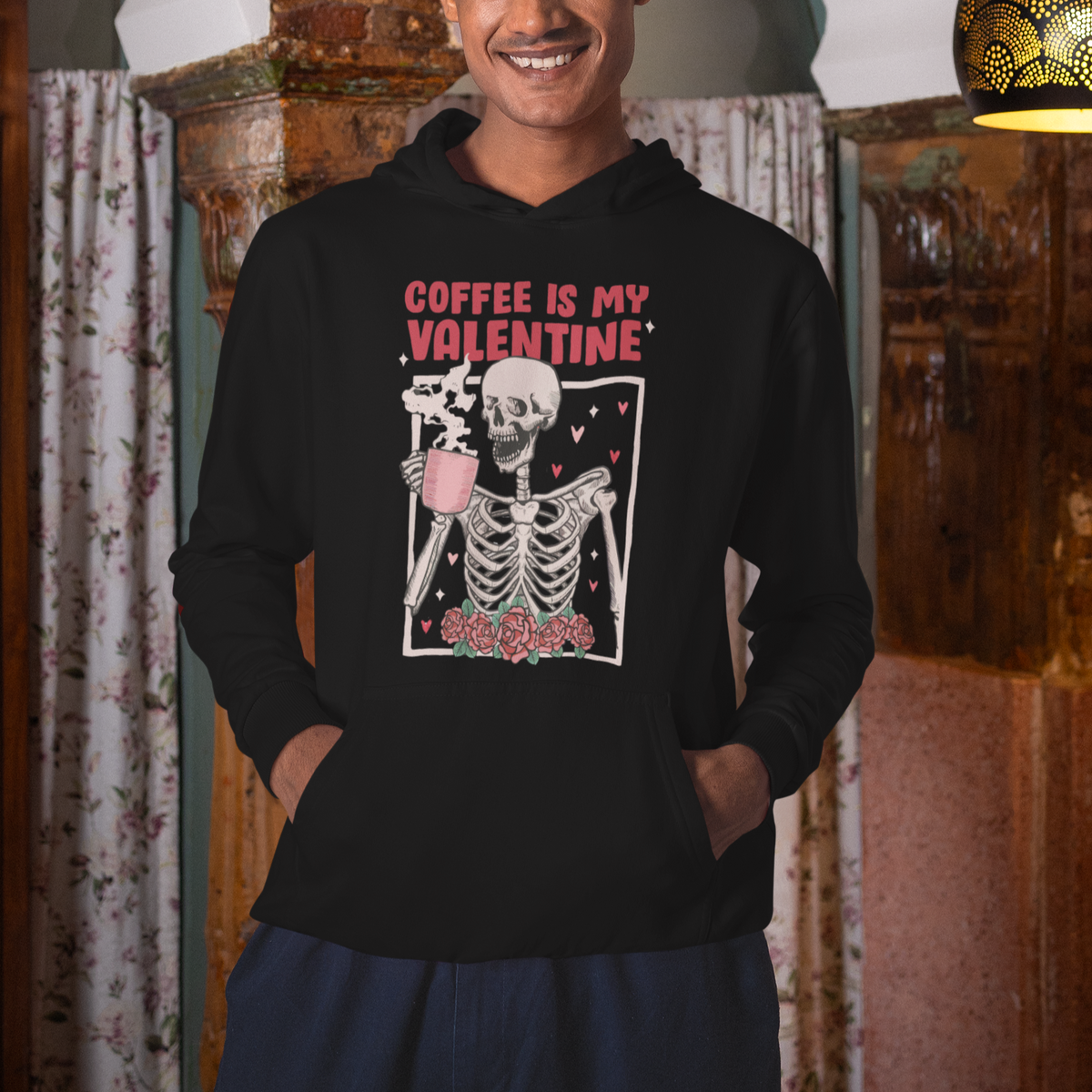 Valentine's Day Hoodie Coffee Is My Valentine Funny Skeleton - Wonder Print Shop