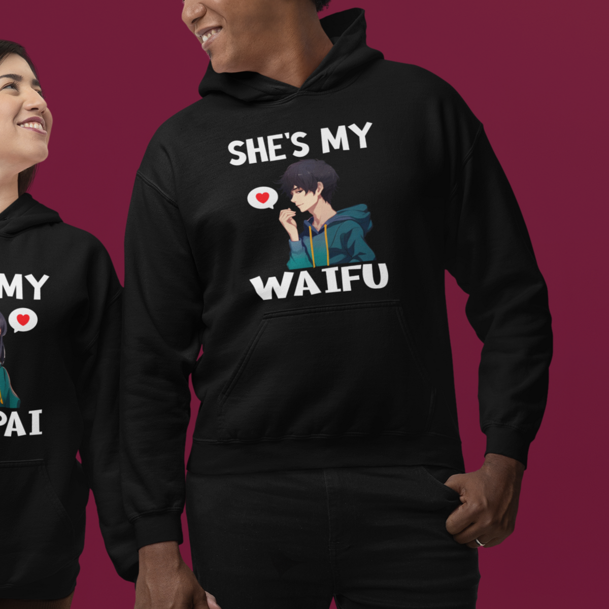Valentine's Day Couple Matching Hoodie She's My Waifu Funny Anime Boyfriend - Wonder Print Shop