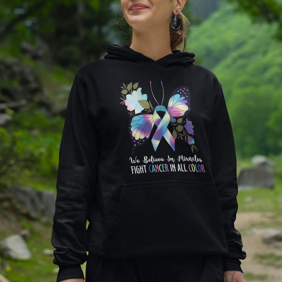 We Believe In Miracles Fight Cancer In All Color Butterfly Flower Hoodie - Wonder Print Shop
