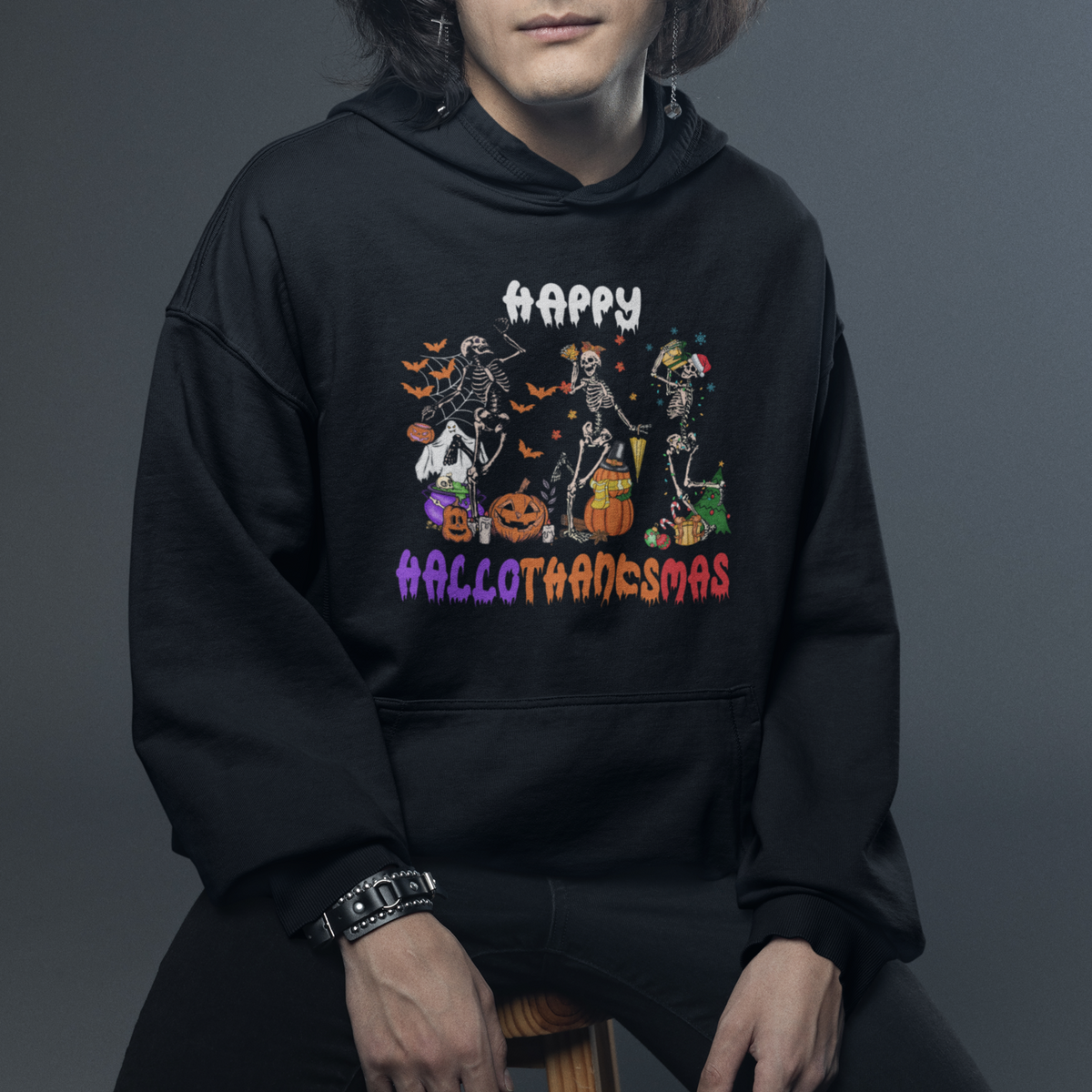 Hallothanksmas Hoodie Halloween Thanksgiving Christmas HalloThanksMas Skeleton - Wonder Print Shop