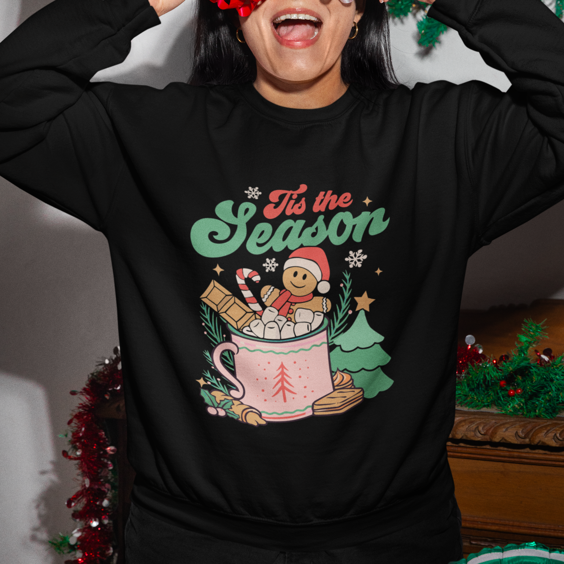 Tis The Season Groovy Retro Christmas Gingerbread Hot Cocoa Sweatshirt - Wonder Print Shop