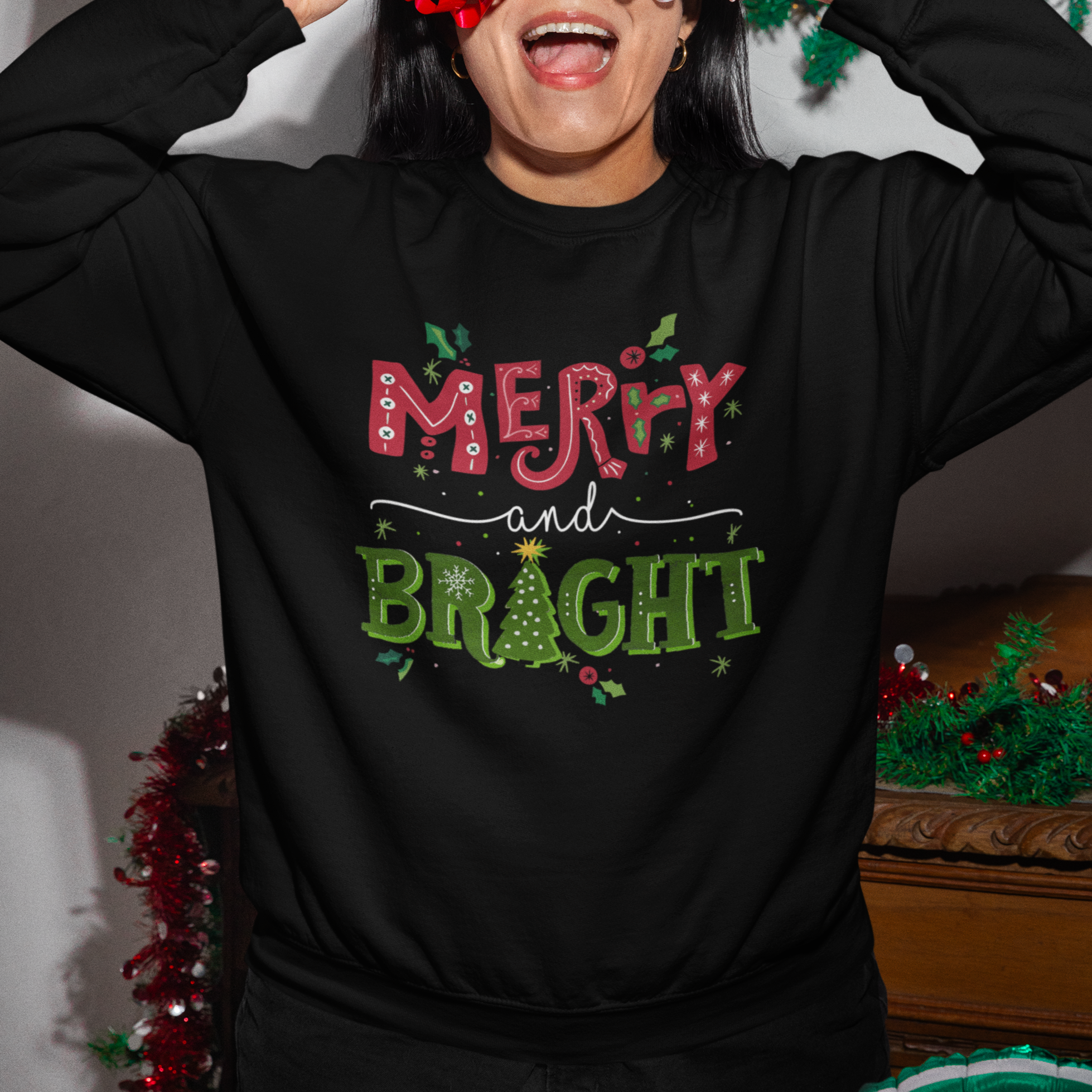 Merry And Bright Christmas Tree Xmas Holiday Sweatshirt - Wonder Print Shop