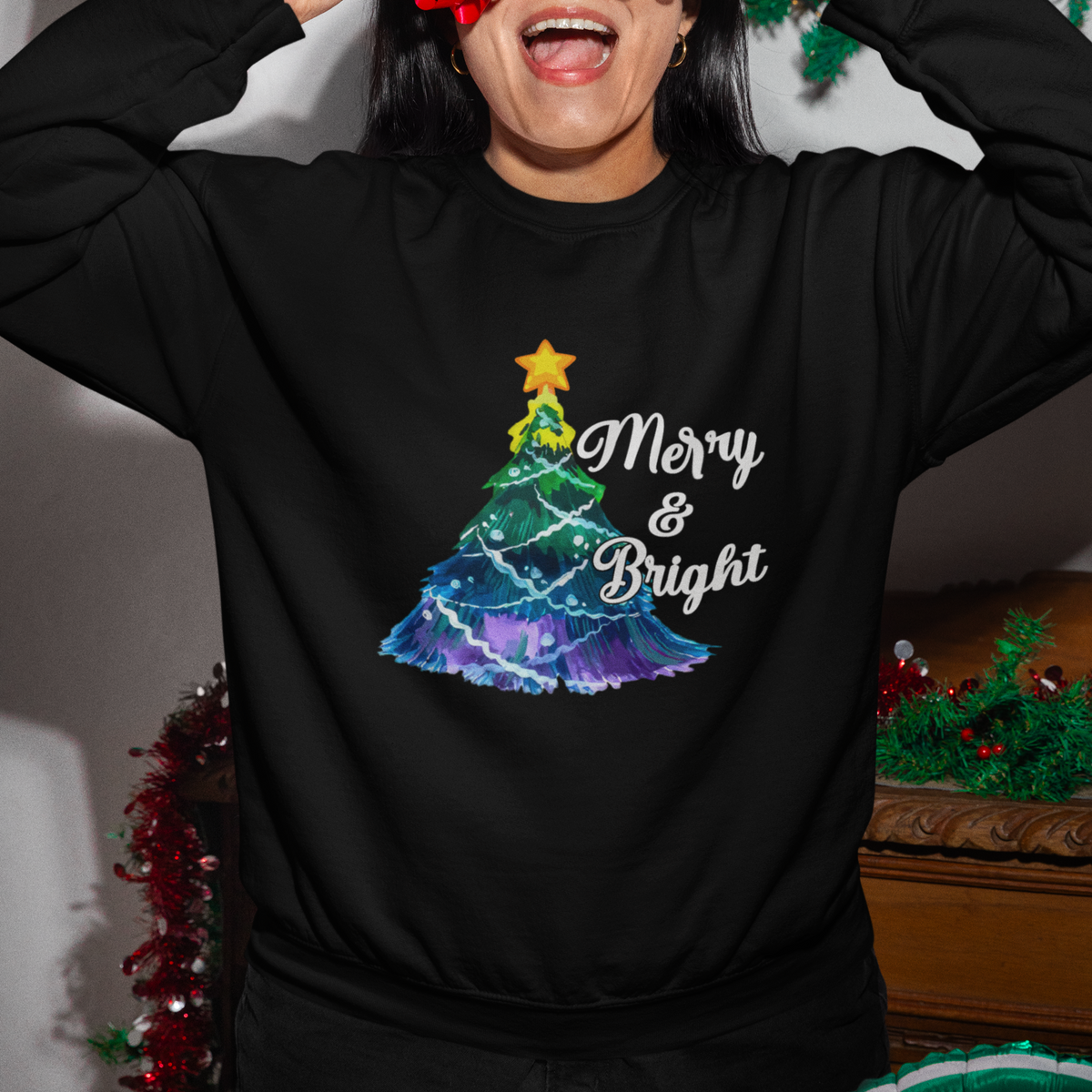 Merry And Bright Colorful Christmas Tree Xmas Holiday Sweatshirt - Wonder Print Shop
