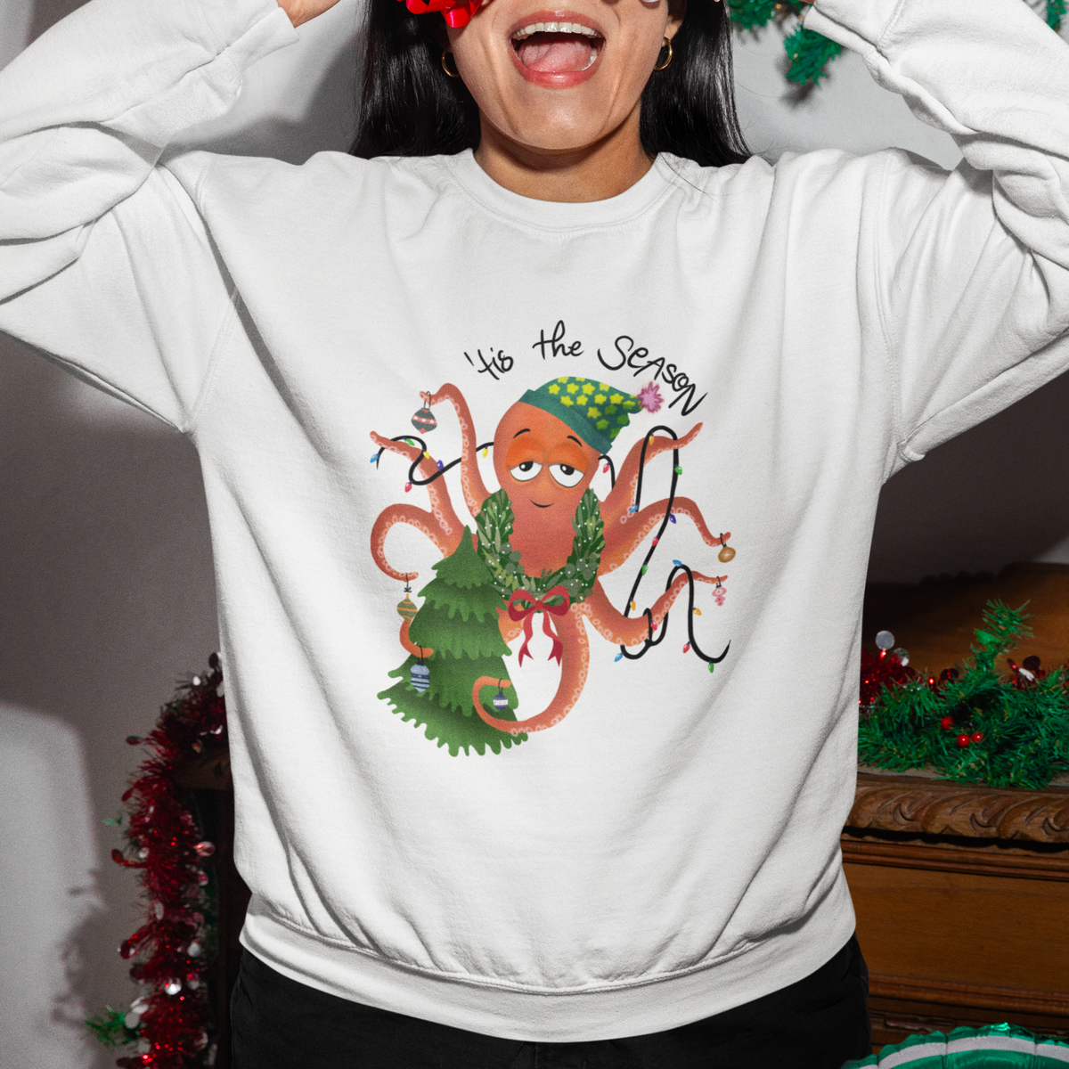 Octopus Tis The Season Christmas Tree Sweatshirt - Wonder Print Shop
