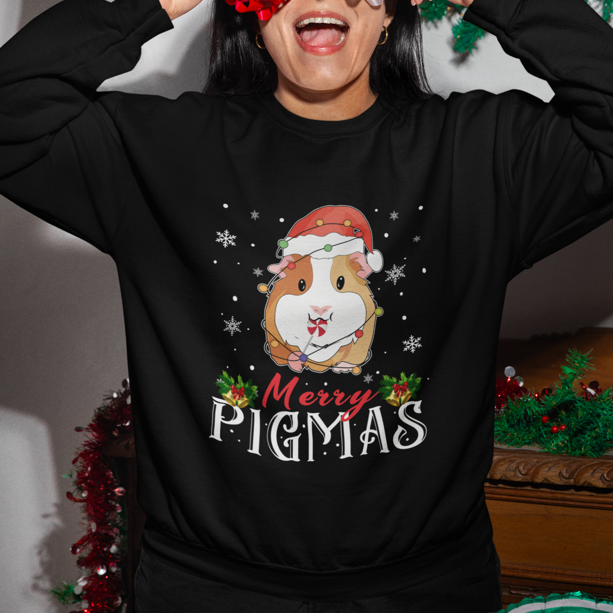 Christmas Sweatshirt Merry Pigmas Cute Guinea Pig Santa Hat - Wonder Print Shop