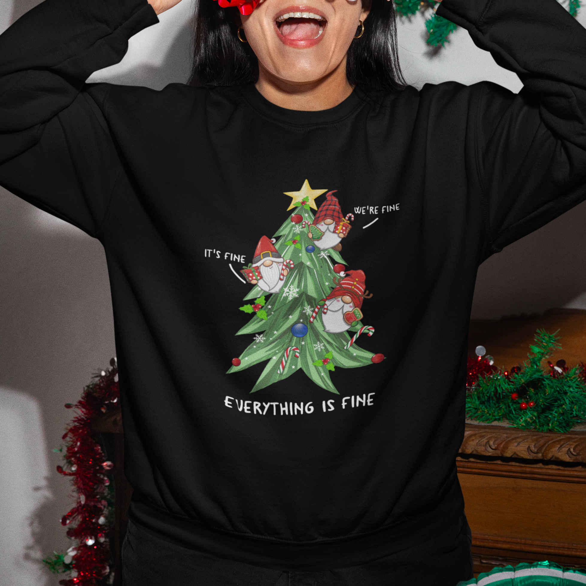 It's Fine We're Fine Everything's Fine Funny Gnomies Sweatshirt with Christmas Tree TS09