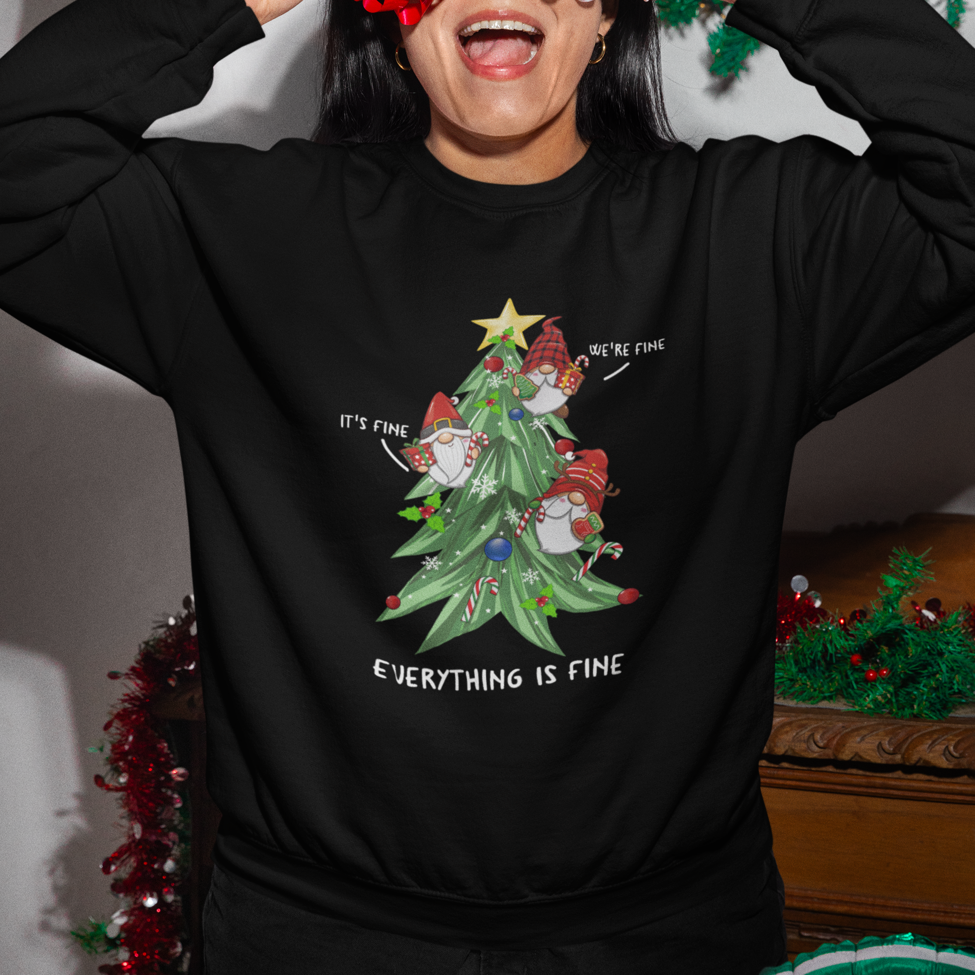 It's Fine We're Fine Everything's Fine Funny Gnomies Sweatshirt with Christmas Tree - Wonder Print Shop