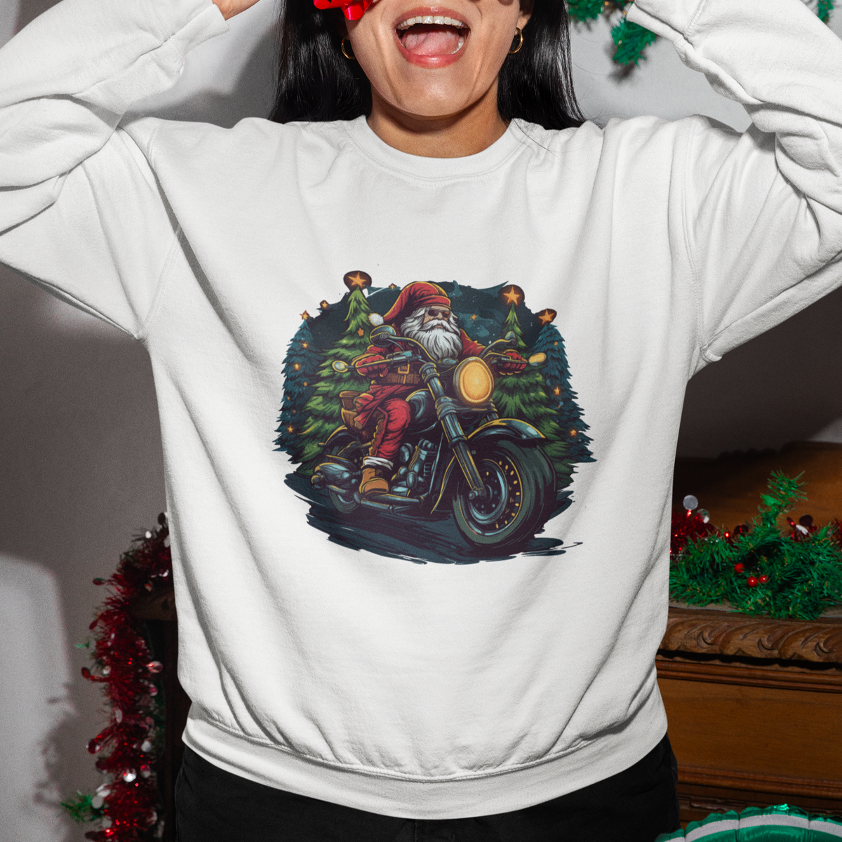 Santa Claus Biker Sweatshirt Riding Motorcycle Christmas - Wonder Print Shop