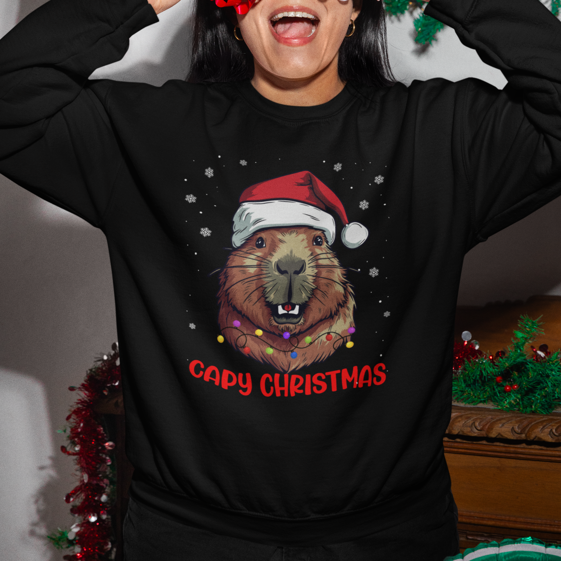 Capy Christmas Sweatshirt Funny Capybara Santa Meme - Wonder Print Shop