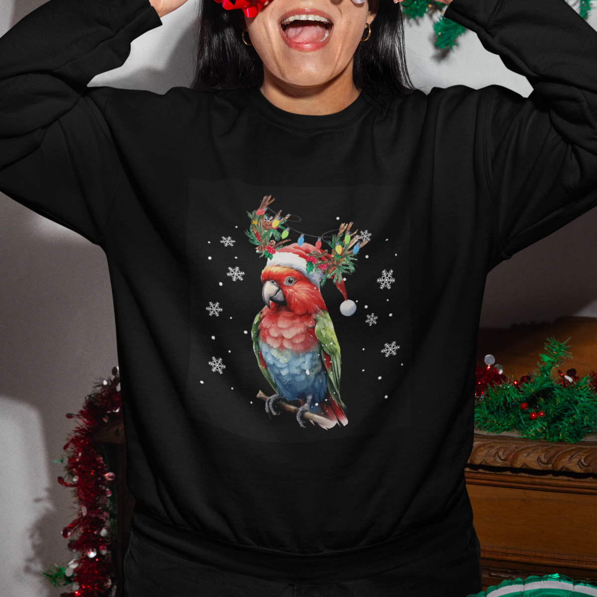 Christmas Sweatshirt Cute Parot Reindeer Santa Hat - Wonder Print Shop