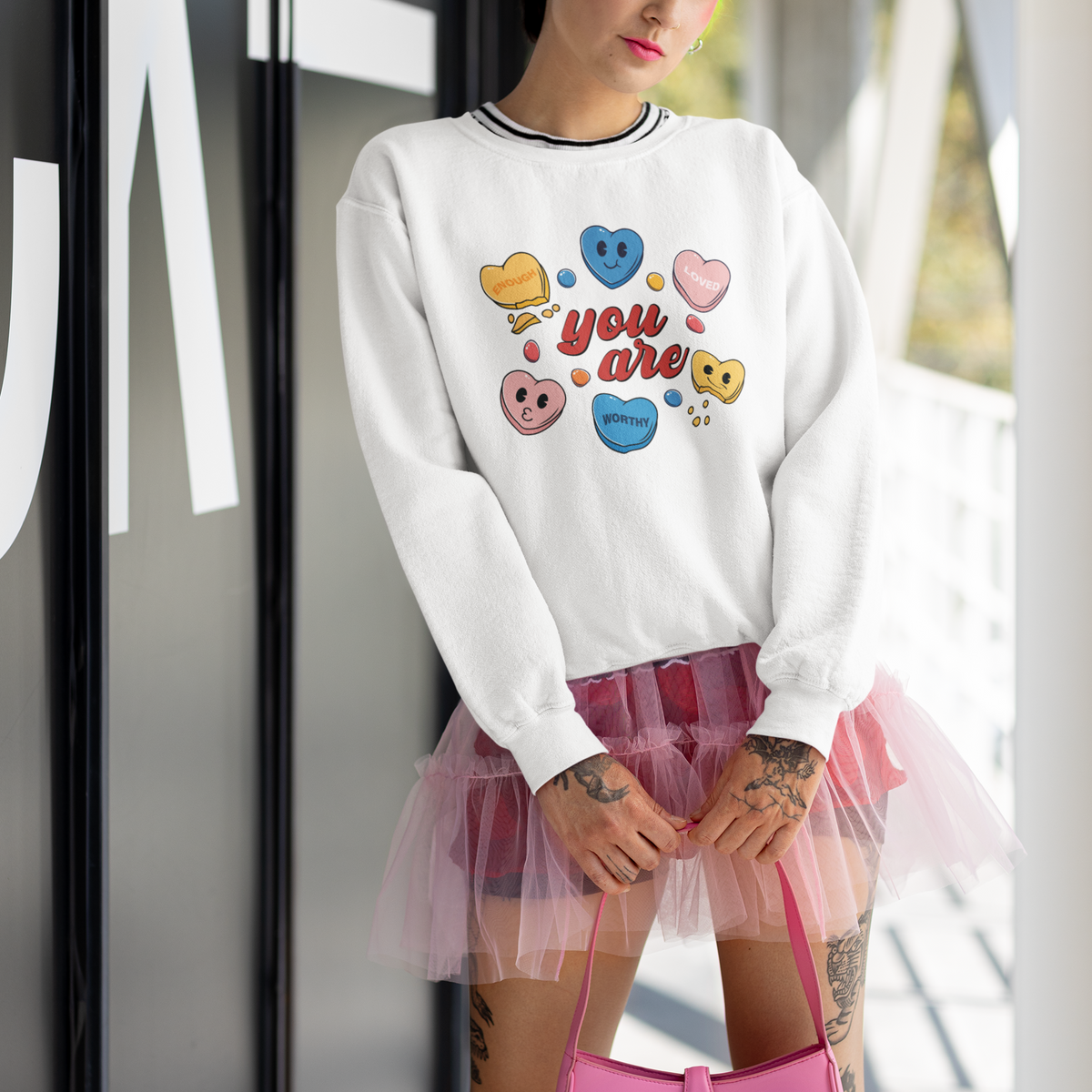 You Are Loved Worthy Enough Candy Heart Valentine's Day Sweatshirt - Wonder Print Shop
