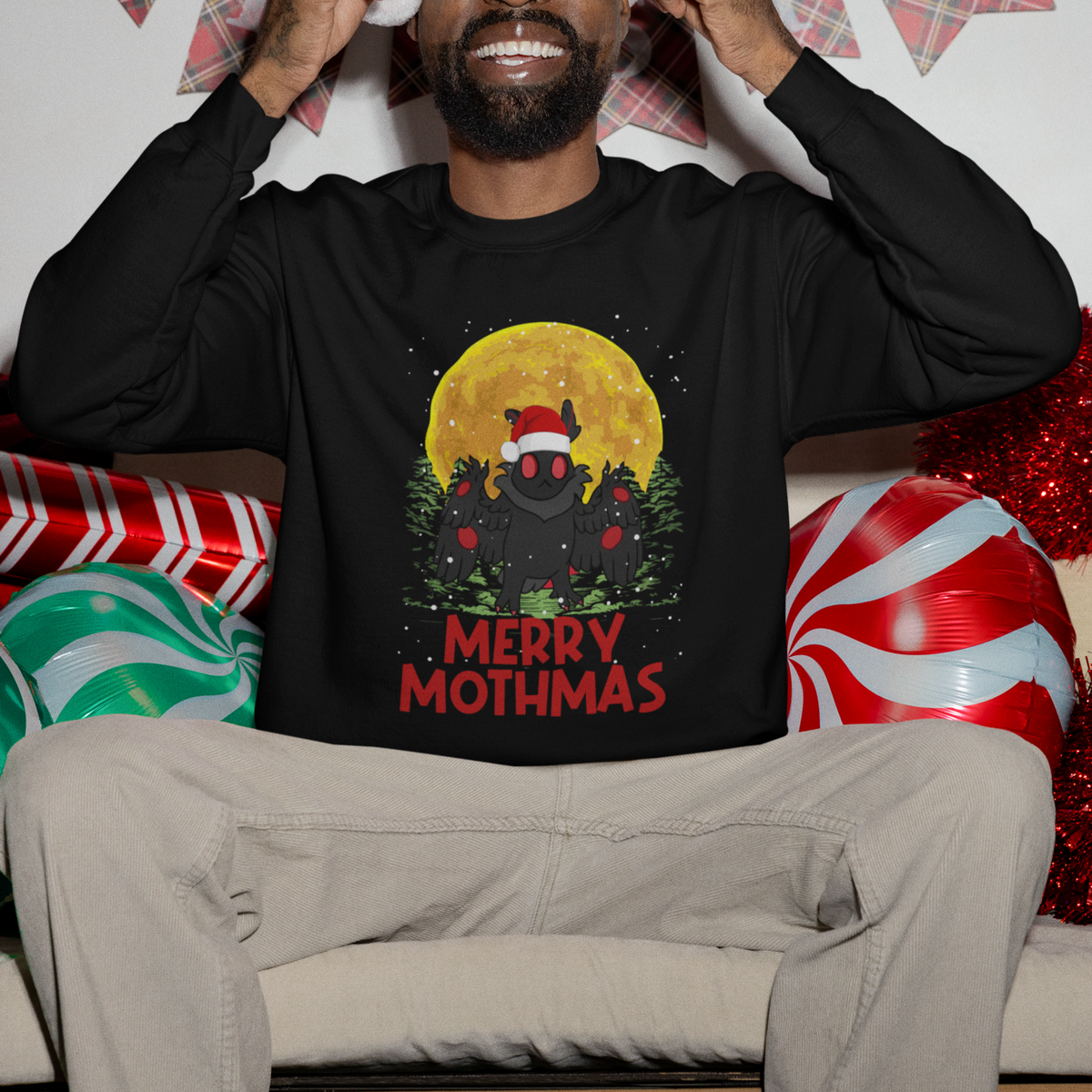 Mothman Christmas Sweatshirt Funny Merry Mothmas Cryptid Xmas Santa - Wonder Print Shop