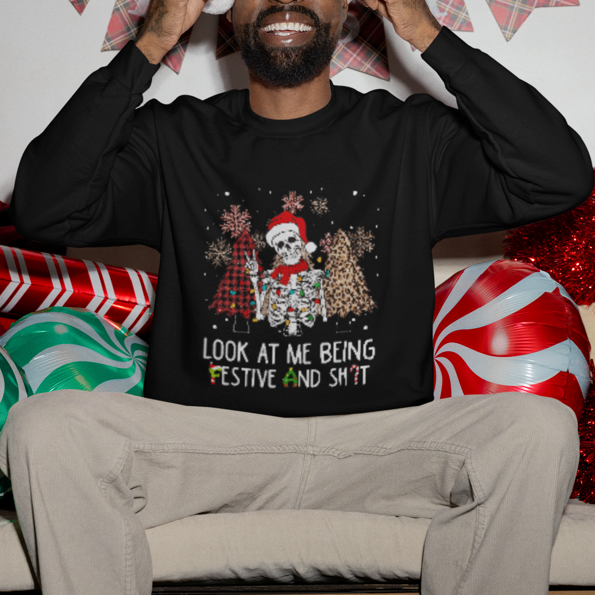 Christmas Sweatshirt Skeleton Look At Me Being Festival And Shit Leopard Xmas Tree - Wonder Print Shop