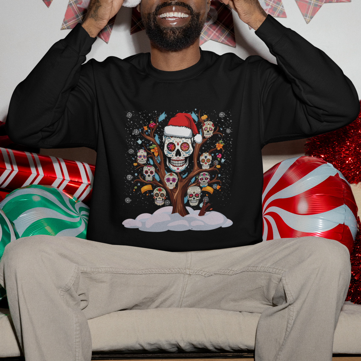 Christmas Sweatshirt Sugar Skull On Tree Funny Xmas - Wonder Print Shop