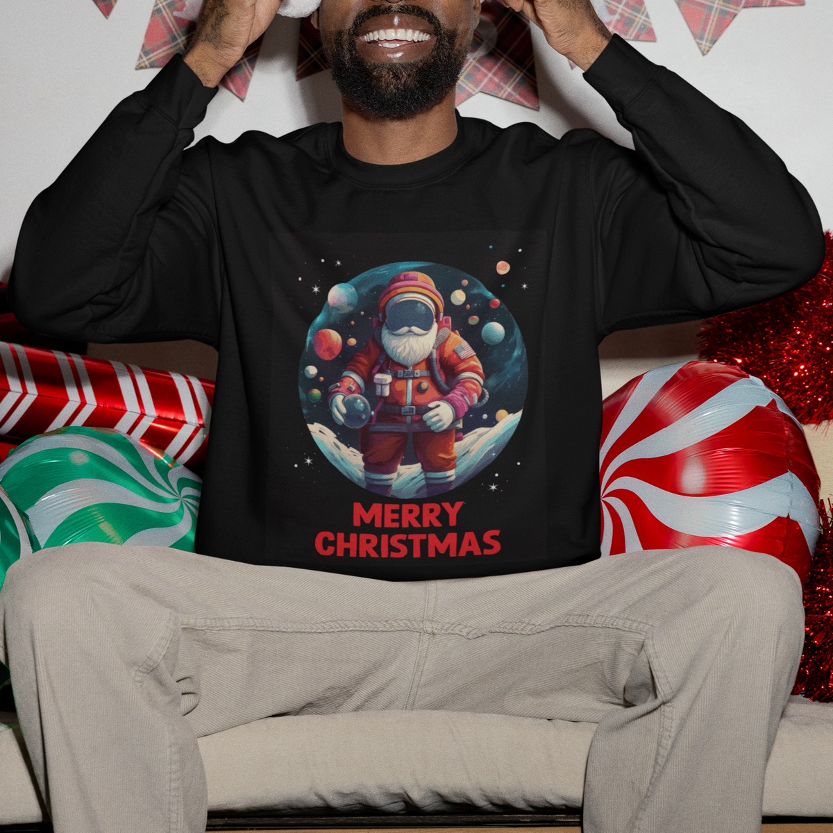 Christmas Sweatshirt Santa Astronaut Xmas Space Colorful Planet - Wonder Print Shop