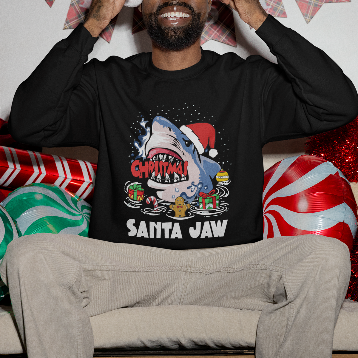 Santa Jaws Shark Christmas At The Beach Sweatshirt - Wonder Print Shop