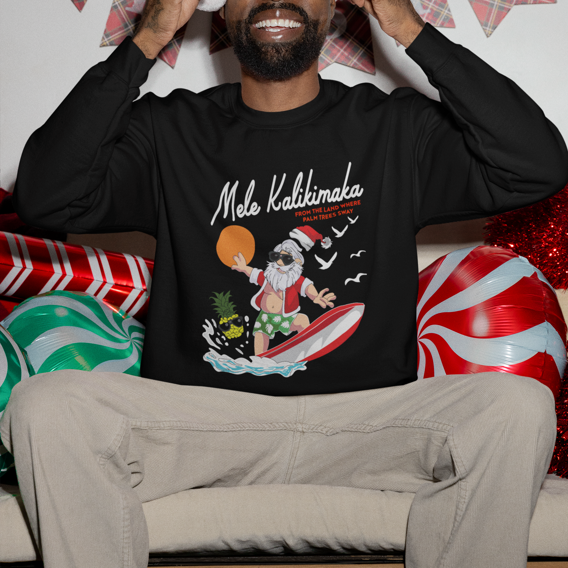 Mele Kalikimaka Surfing Santa Vintage Hawaiian Christmas Sweatshirt - Wonder Print Shop