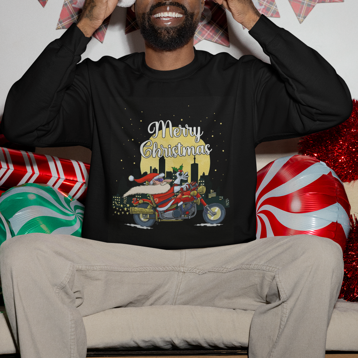 Christmas Sweatshirt Santa Riding Motorcycle Biker City At Night Holiday - Wonder Print Shop
