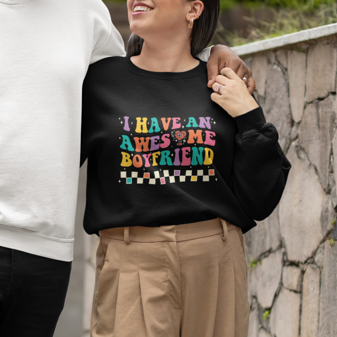 Valentine's Day Sweatshirt I Have An Awesome Boyfriend Ugly Heart Retro Groovy - Wonder Print Shop