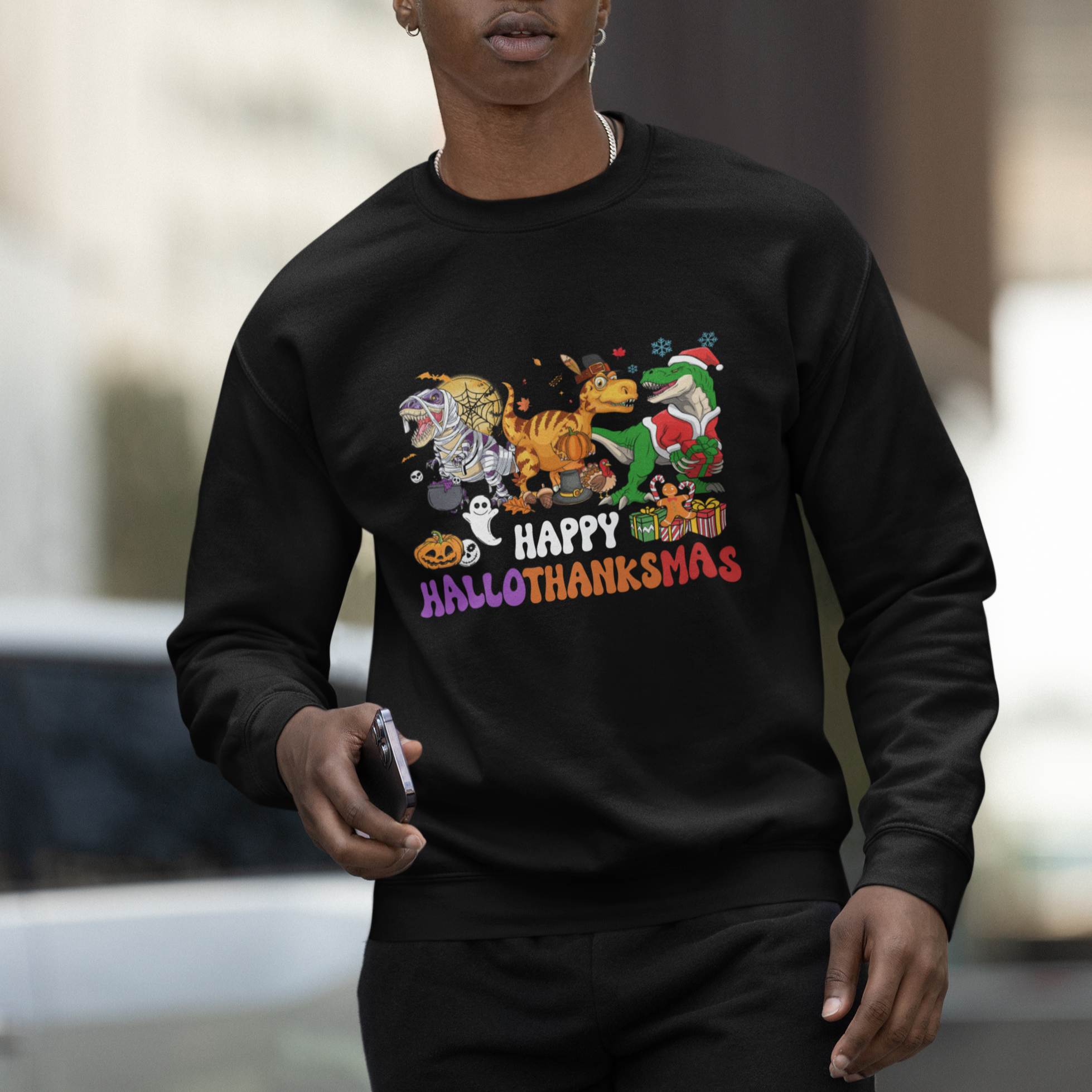 Hallothanksmas Sweatshirt Halloween Thanksgiving Christmas HalloThanksMas Dinosaur - Wonder Print Shop
