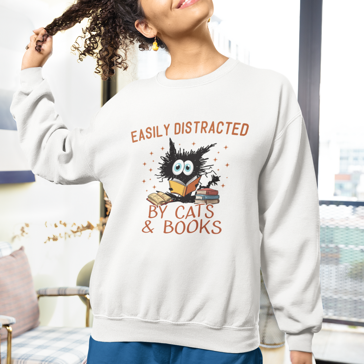 Cat & Book Lover Sweatshirt Easily Distracted By Cats And Books Funny Black Cat Meme - Wonder Print Shop