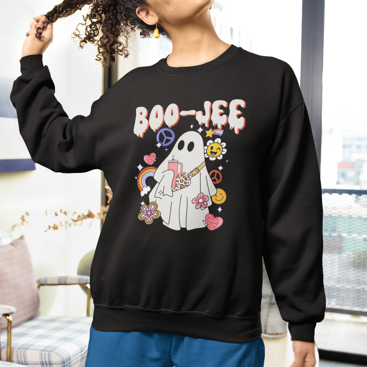 Ghost Halloween Costume Sweatshirt Spooky Season Hippie Boujee Boo-Jee - Wonder Print Shop