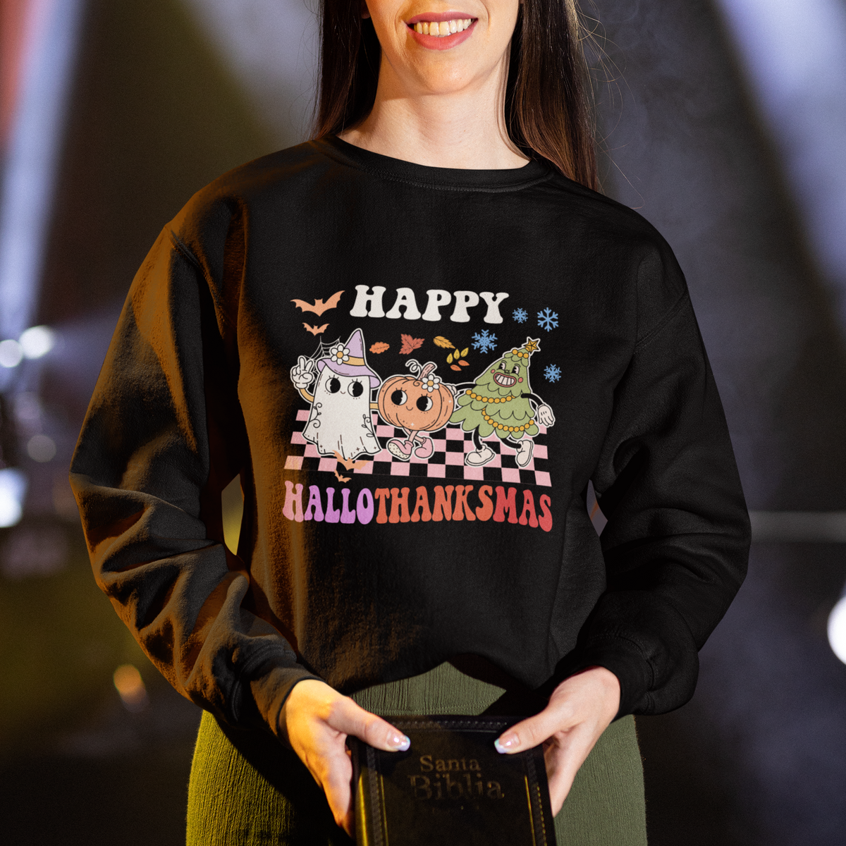 Hallothanksmas Sweatshirt Halloween Thanksgiving Christmas Groovy Happy HalloThanksMas - Wonder Print Shop
