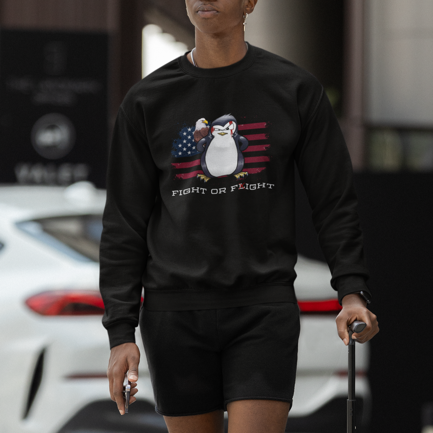 Fight or Flight Meme Cool Penguin Pun Patriotic US Flag Sweatshirt - Wonder Print Shop