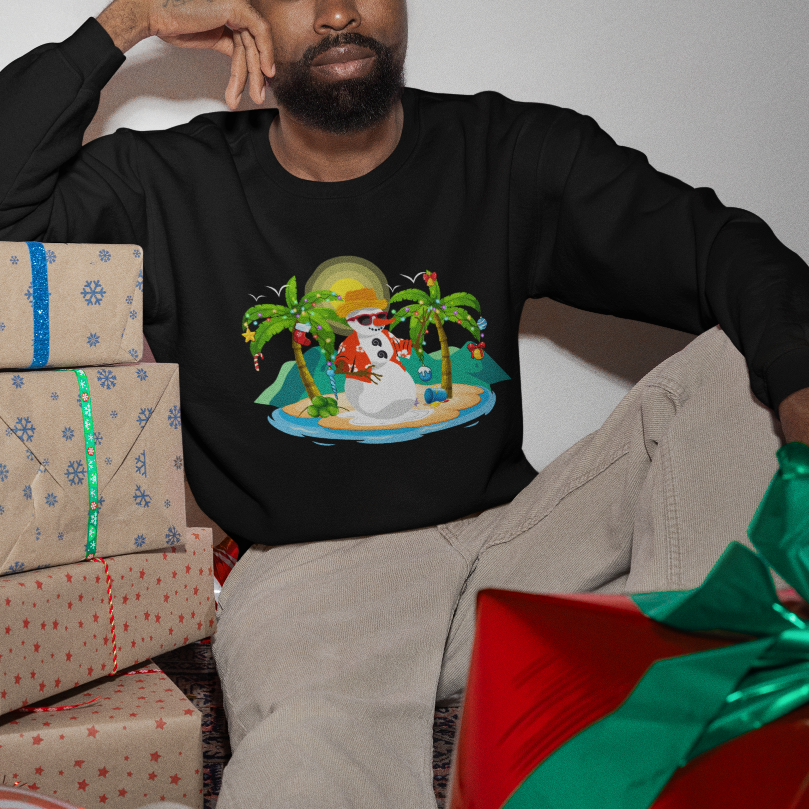 Christmas In Hawaii Sweatshirt Hawaiian Snowman Xmas Palm Tree At The Beach - Wonder Print Shop