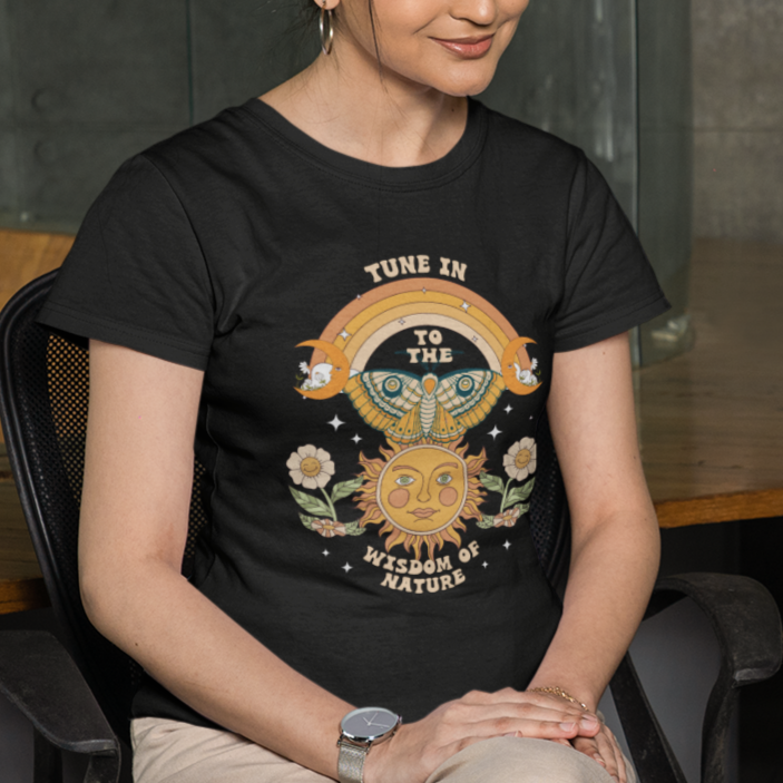 Cottagecore Cecropia Moth Tune In To The Wisdom Of Nature Mystic Moon Celestial T-Shirt For Women, Cecropia Moth T Shirt For Women - Wonder Print Shop