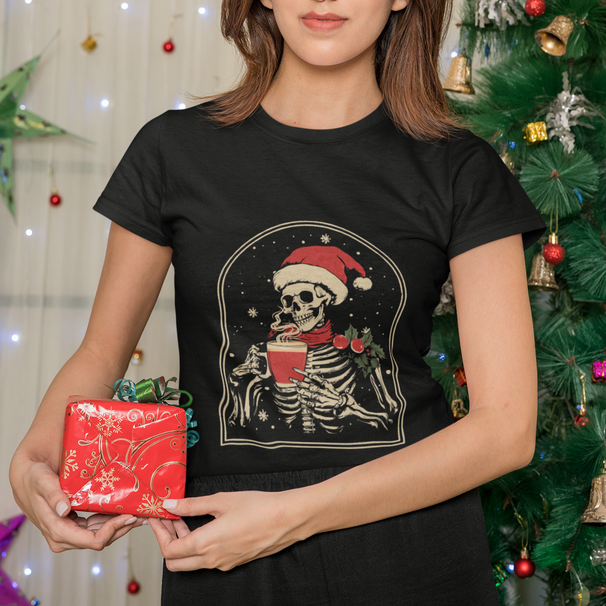 Skeleton Christmas T Shirt Dead Inside But Caffeinated Coffee Addict Xmas Vibe - Wonder Print Shop