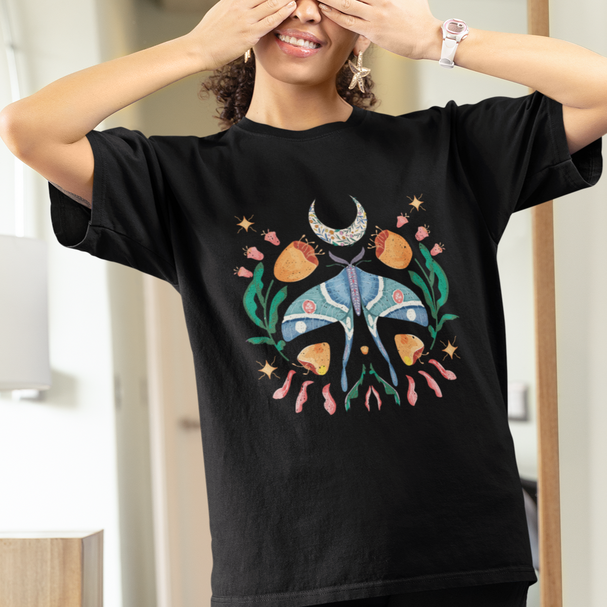 Retro Celestial Mystical Floral Moon Botanical Luna Moth T-shirt for Women, Luna Moth Gifts for Insect Lover, Spiritual T Shirt For Women - Wonder Print Shop