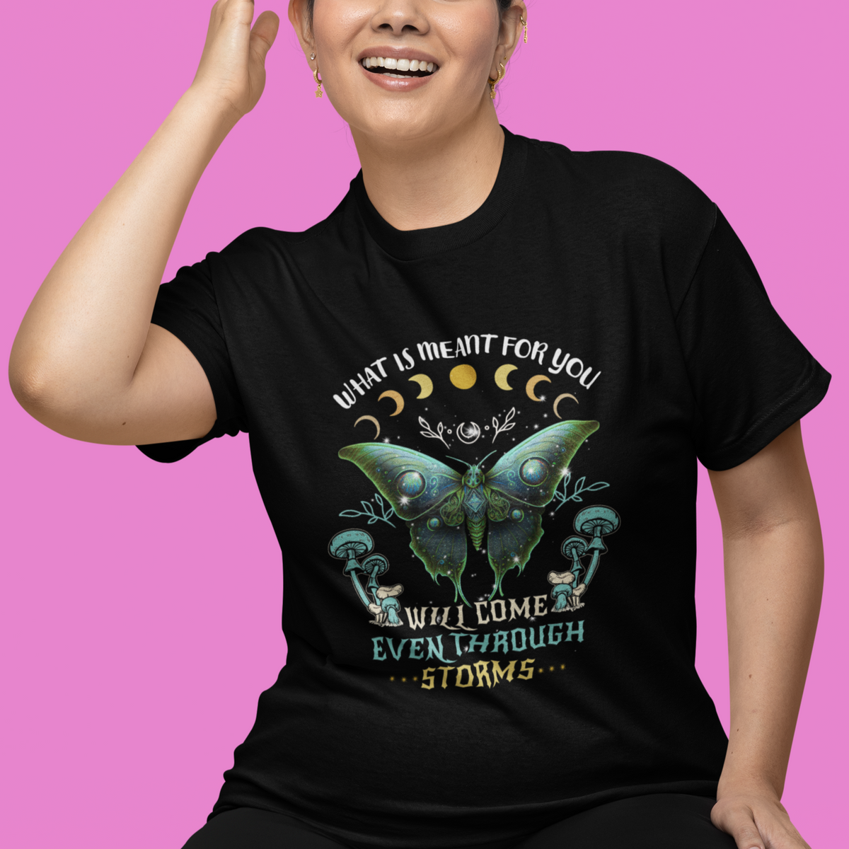 Moth T Shirt For Women Cottagecore Celestial Boho Luna Moth What Is Meant For You Will Come Even Through Storms Mystical Goblincore Mushroom Academia Shirt for Womenm Moth T-shirt, Spirituality Shirt - Wonder Print Shop