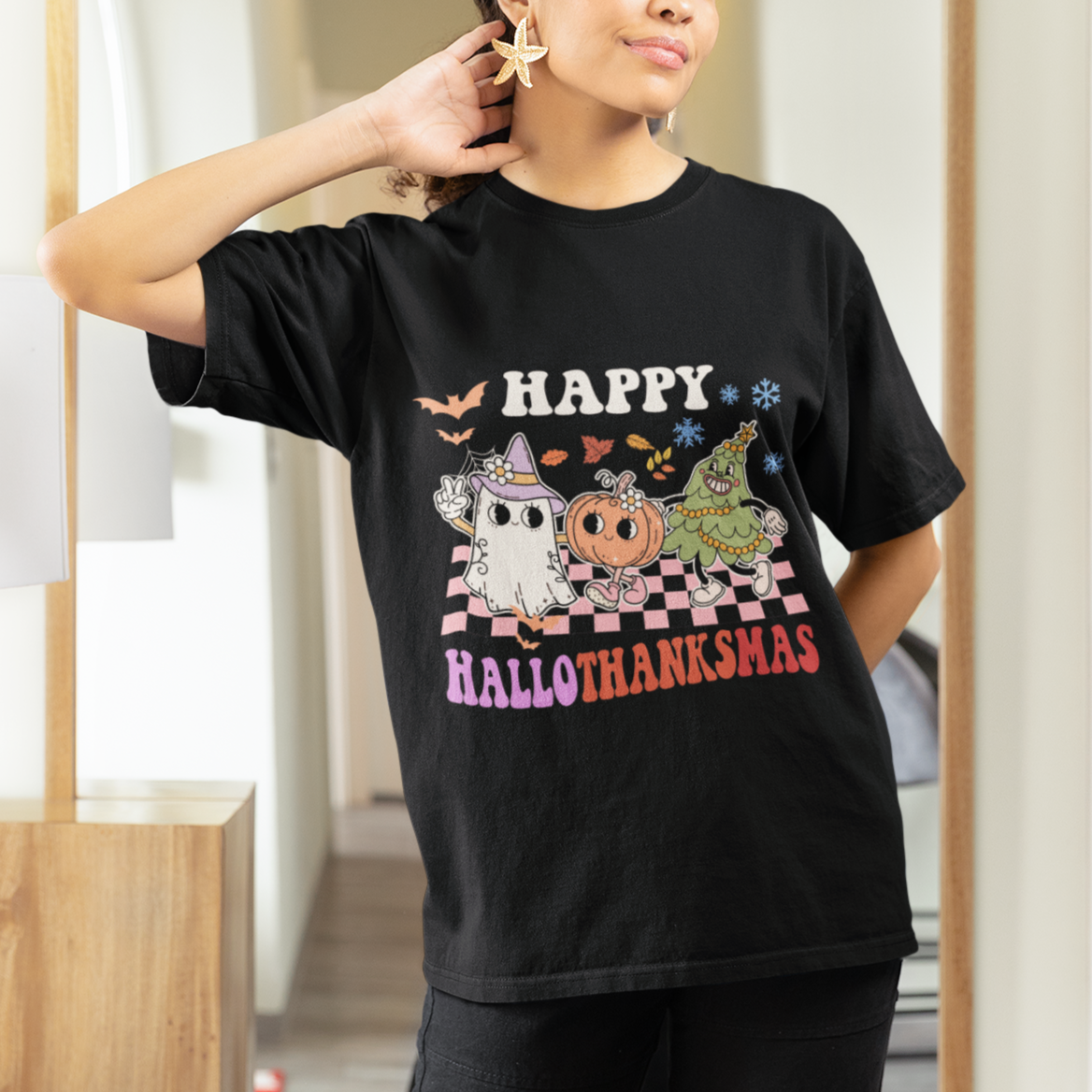 Hallothanksmas T Shirt Halloween Thanksgiving Christmas Groovy Happy HalloThanksMas - Wonder Print Shop
