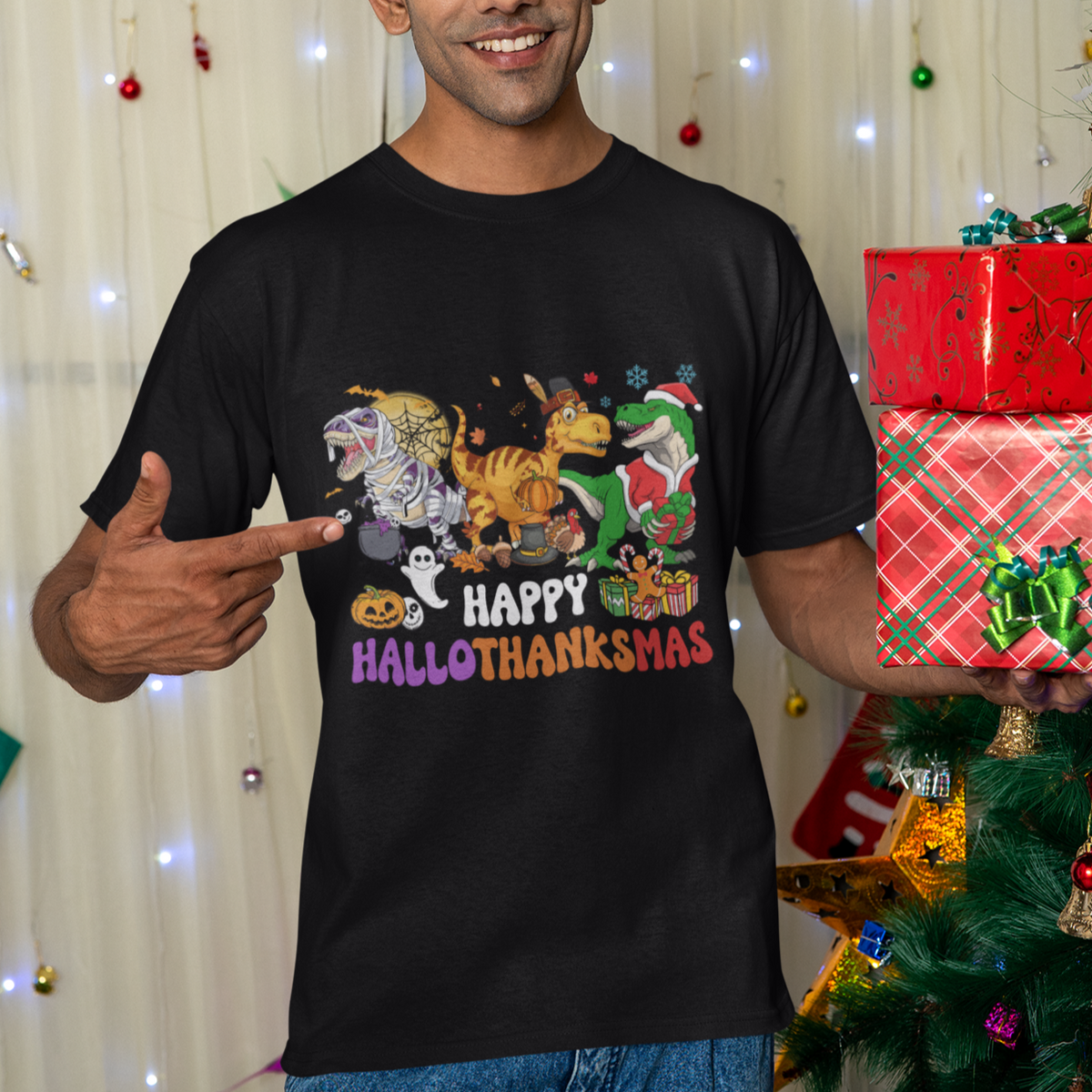 Hallothanksmas T Shirt Halloween Thanksgiving Christmas HalloThanksMas Dinosaur - Wonder Print Shop
