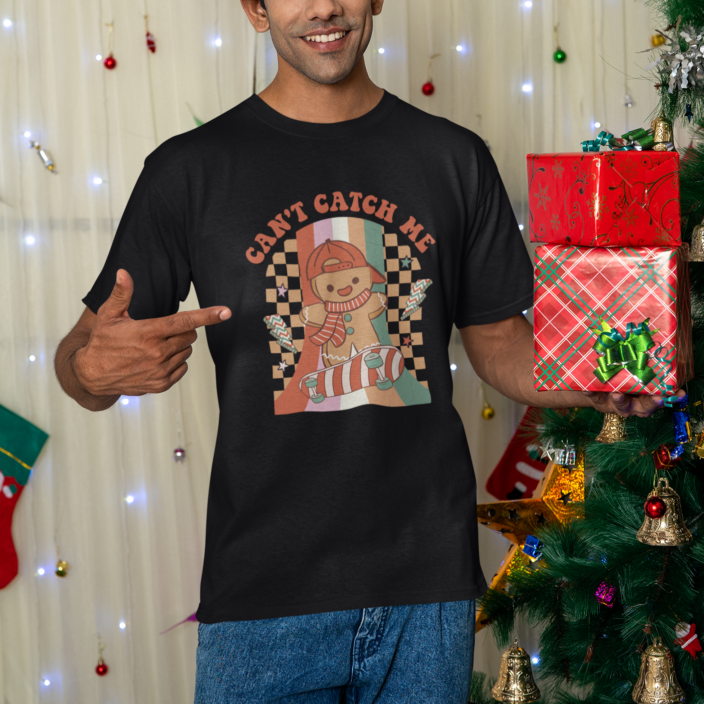 Christmas T Shirt Skateboarding Gingerbread Boy Can't Catch Me - Wonder Print Shop