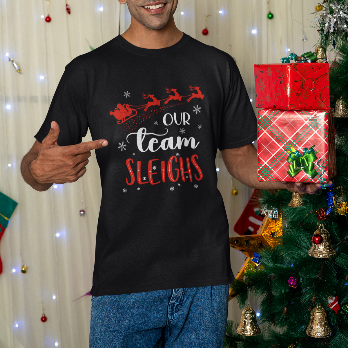 Our Team Sleigh Christmas Santa Reindeer Office Staff T Shirt - Wonder Print Shop